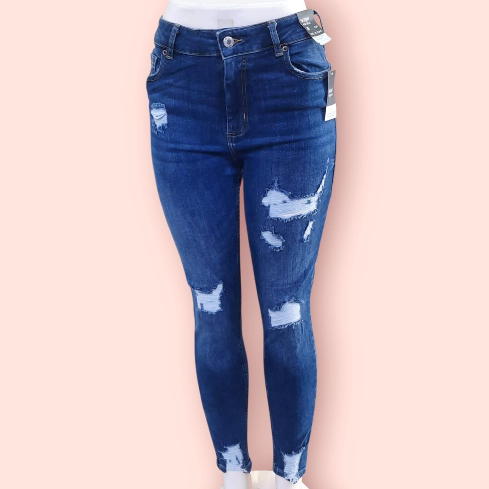 High Waist Ripped Skinny Jeans ( J )