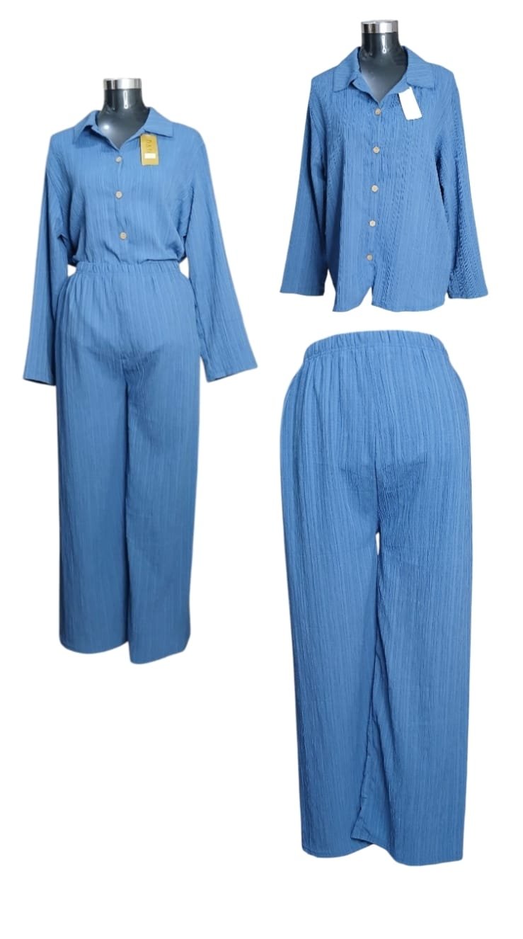 Women's 2 pcs Set Solid Color Button Longsleeve Top and Wideleg Pant