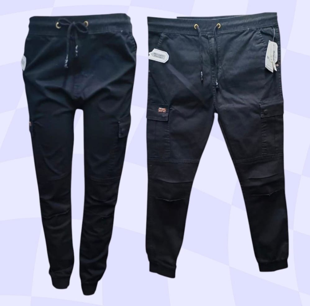 Black Color Men's Simple Front Drawstring Pocket Cargo Pants for Men ( NC )