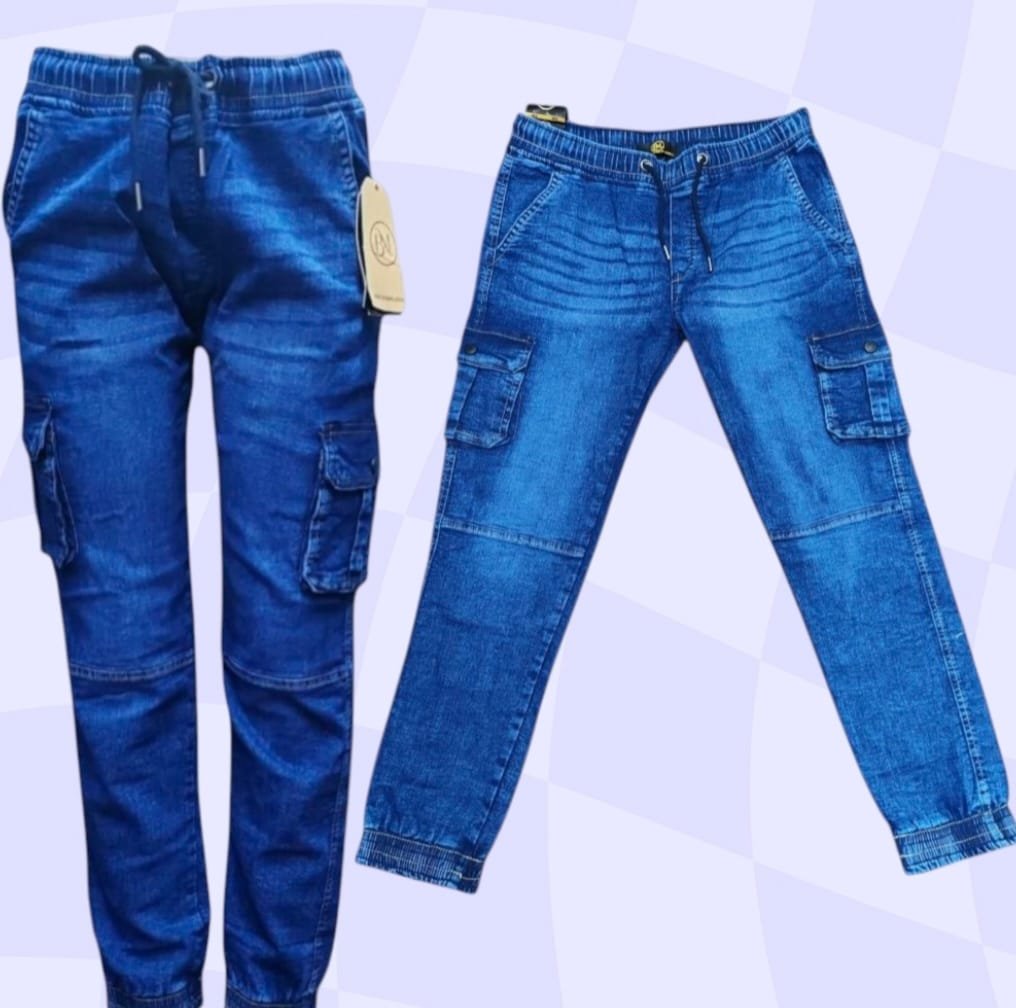 Men's Drawstring Waist Cargo Denim Pants With Slanted Pockets (NC)