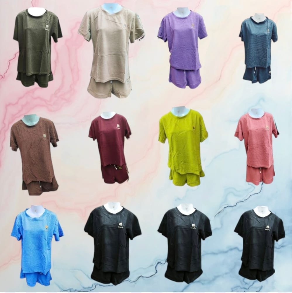 12 Sets Women's 2 pcs. Set Round Neck Shirt and Short Teddy Design ( AD) Freesize