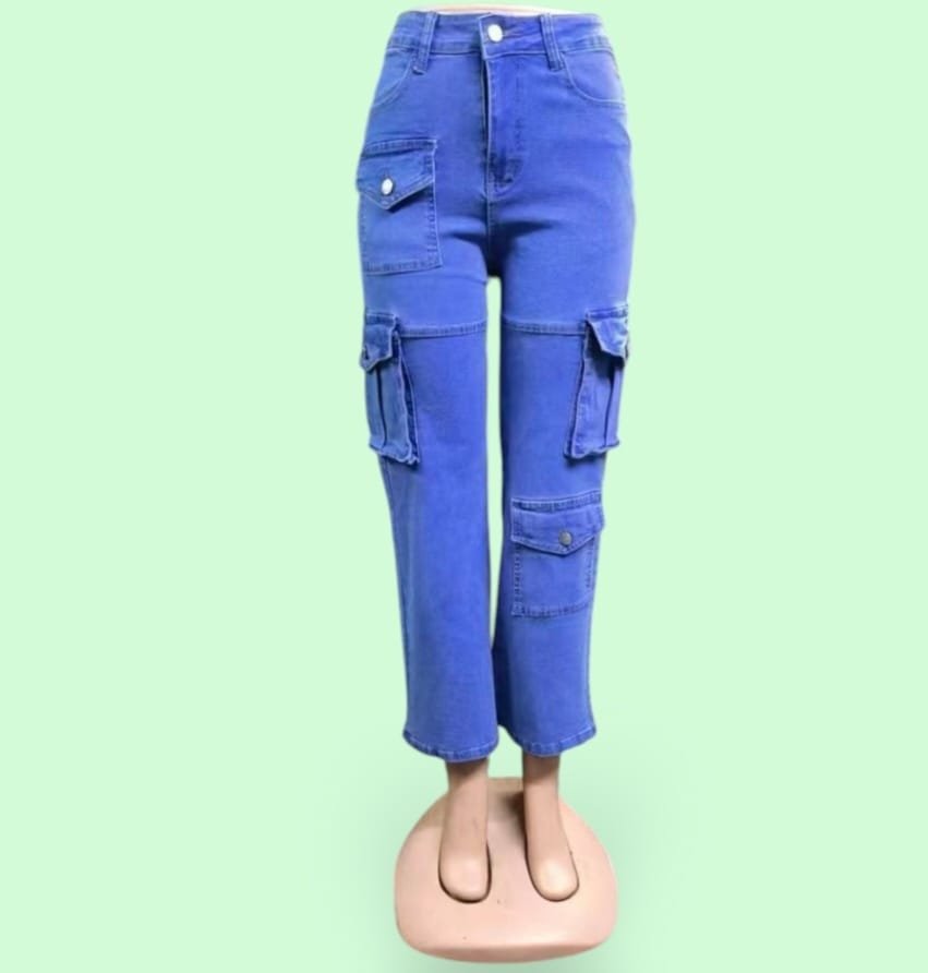 Women's Casual Waist Cargo Wide Leg Jeans 8095 ( J )