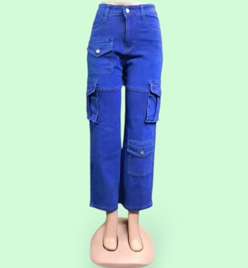 Women's Denim Waist Cargo Pants With Side Pockets 8093 ( J )