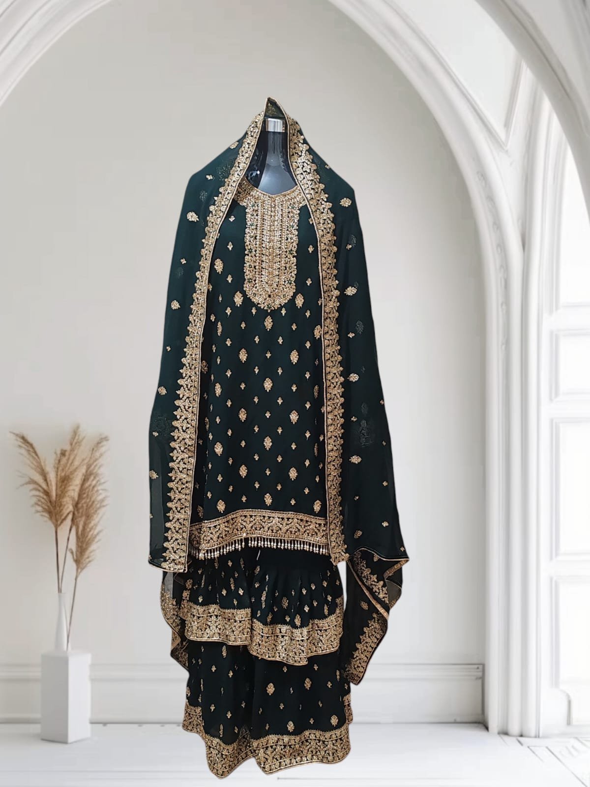 Dark Green Embroidered Sharara Suit