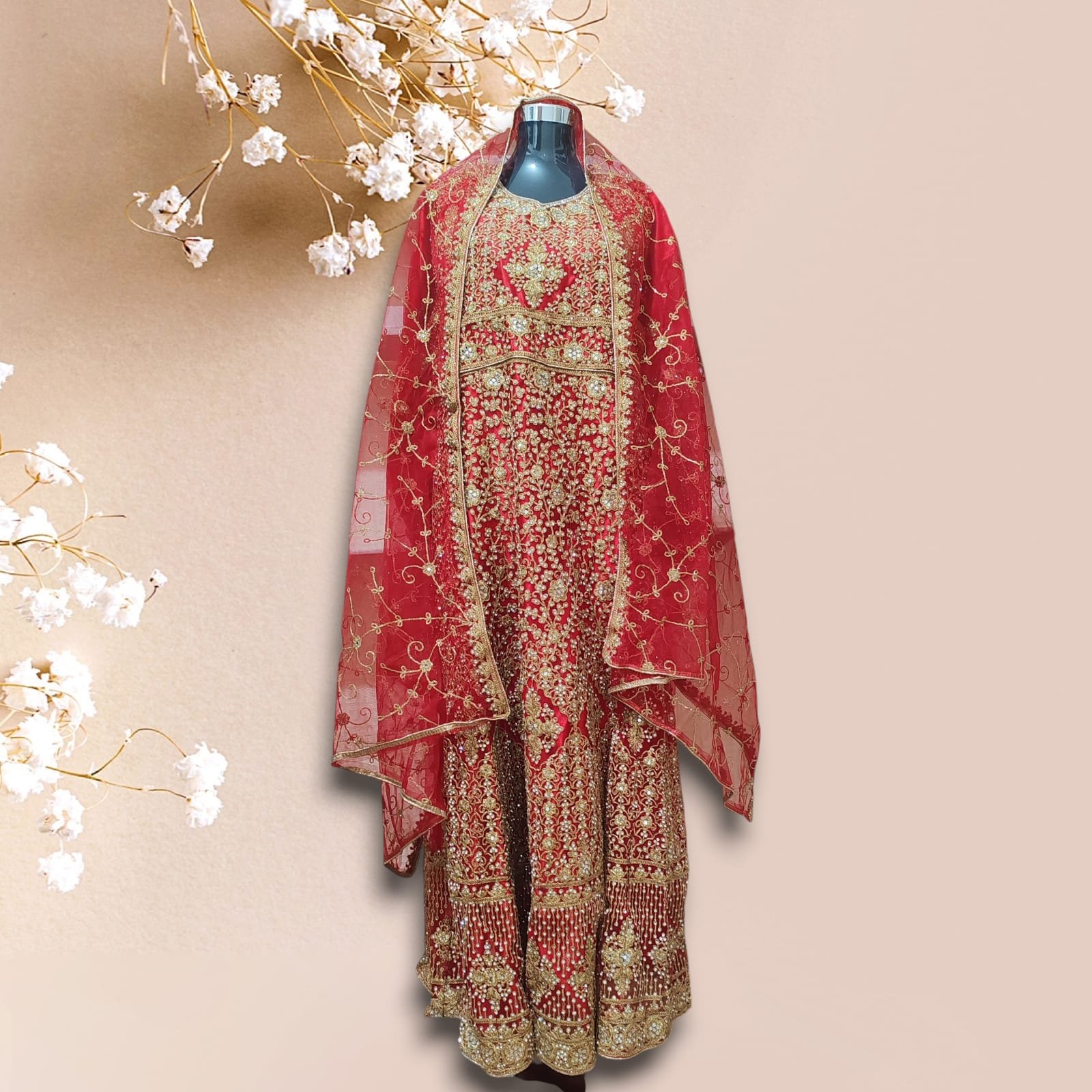 Elegant Embroidered Red Gharara Dress