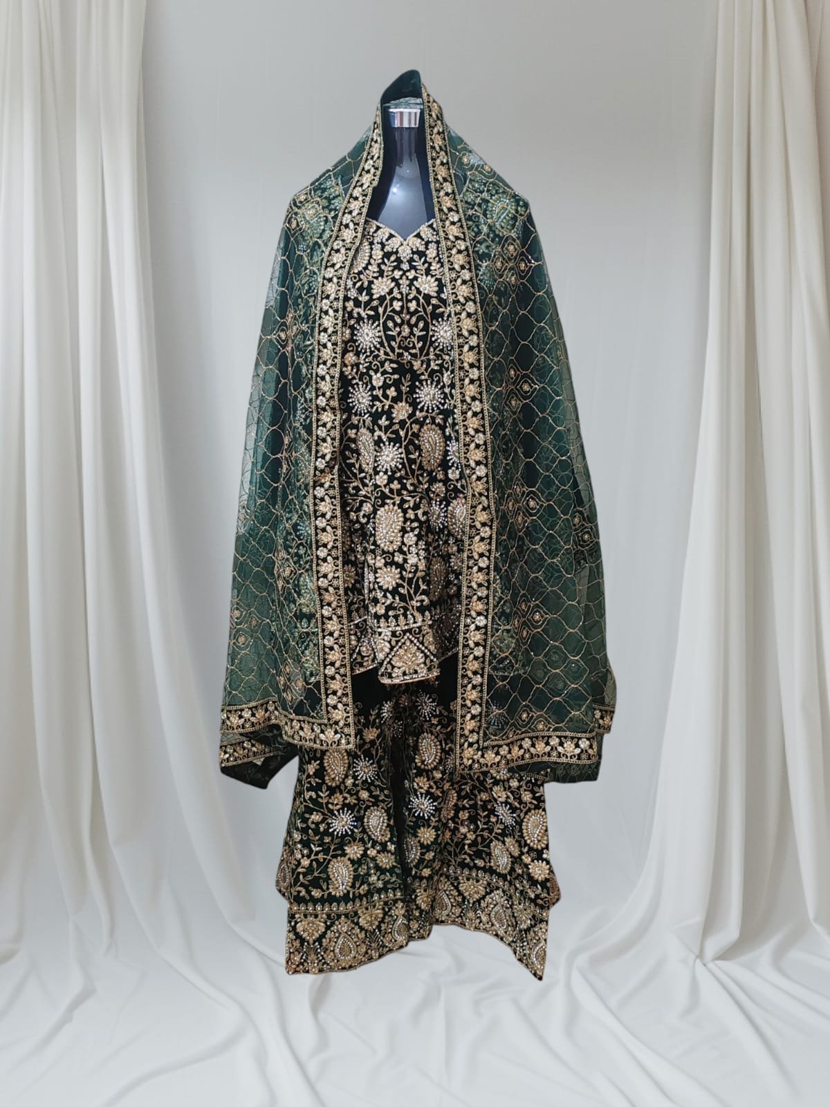 Dark Green Elegant Embroidered Sharara Suit