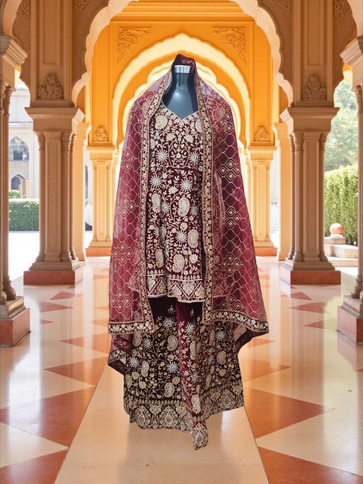 Embroidered Red Elegant Sharara Suit